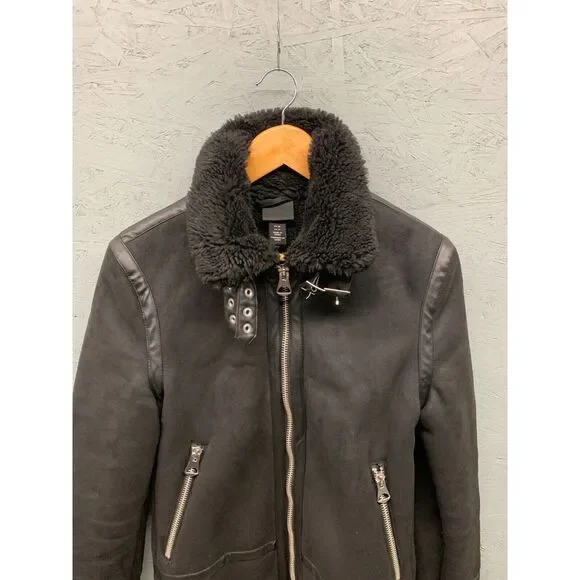 H&M Sherpa Faux Fur Lined Suede Jacket Women’s XS Black‎ Cozy Winter Coat - Picture 4 of 12